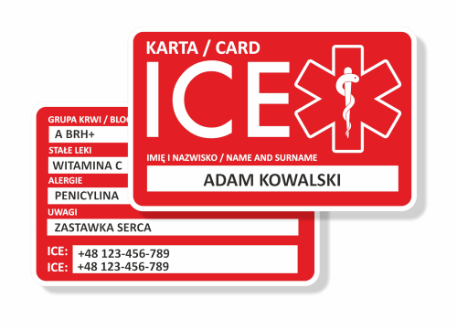 KARTA ICE  PIERWSZA POMOC PERSONALIZOWANA PCV